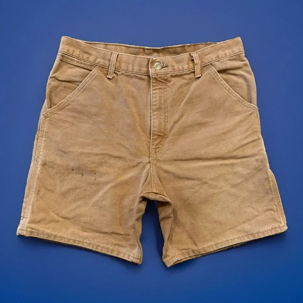 Vintage CARHARTT B25 BRN Carpenter Canvas LEATHER PATCH Shorts Sz 32/34 USA MADE